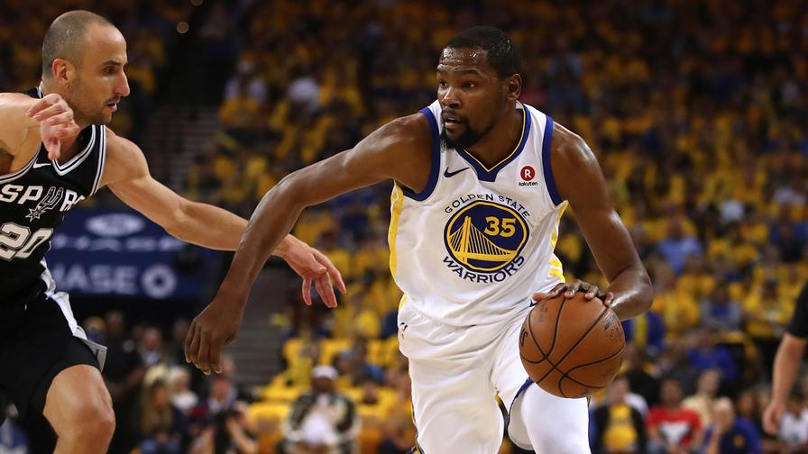 Kevin Durant's over/under for points is set at 27.5 tonight in Game 2 against the Spurs. Which side of that prop -- and two others -- does our algorithm suggest you wager on?